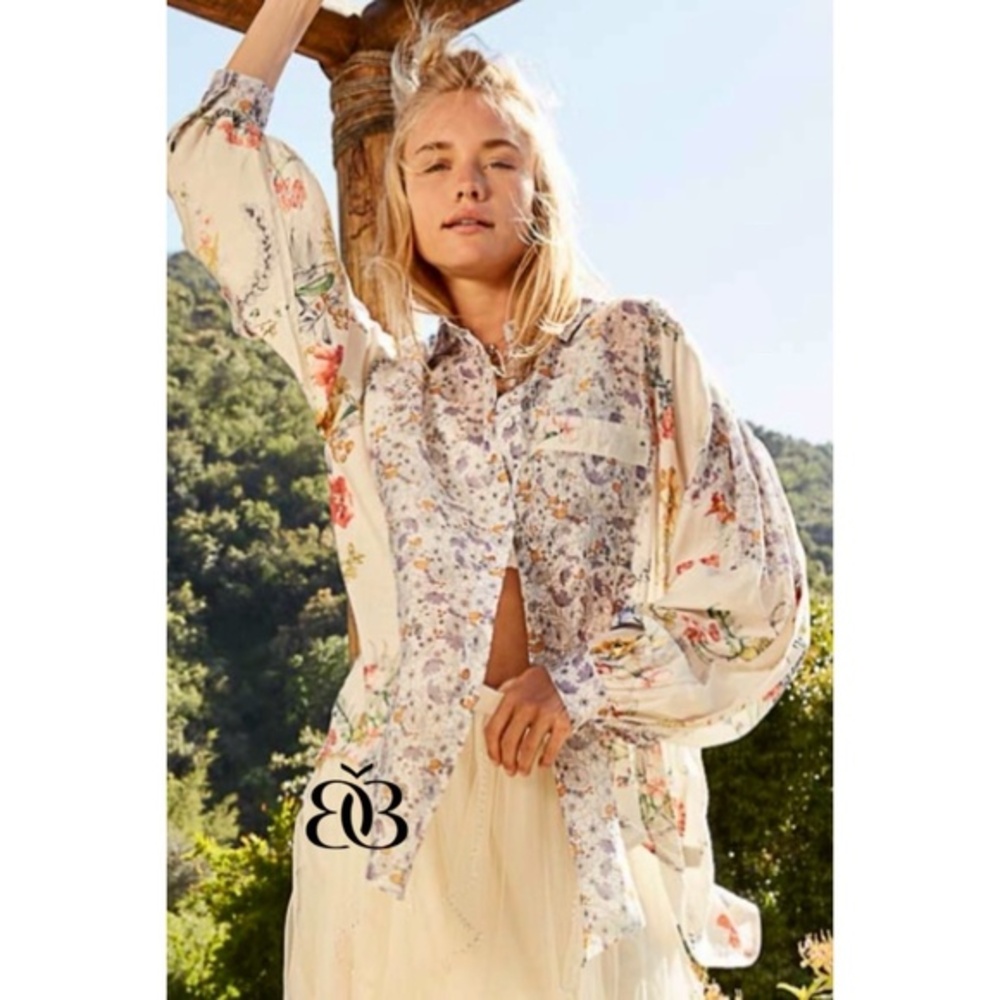 POL Cream Lavender Ethereal Floral Print Oversized Button Up Long Sleeve Shirt
